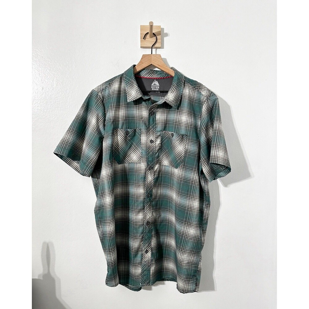 River Edge Shirt Mens XL Green Plaid Short Sleeve Button Outdoor Fishing